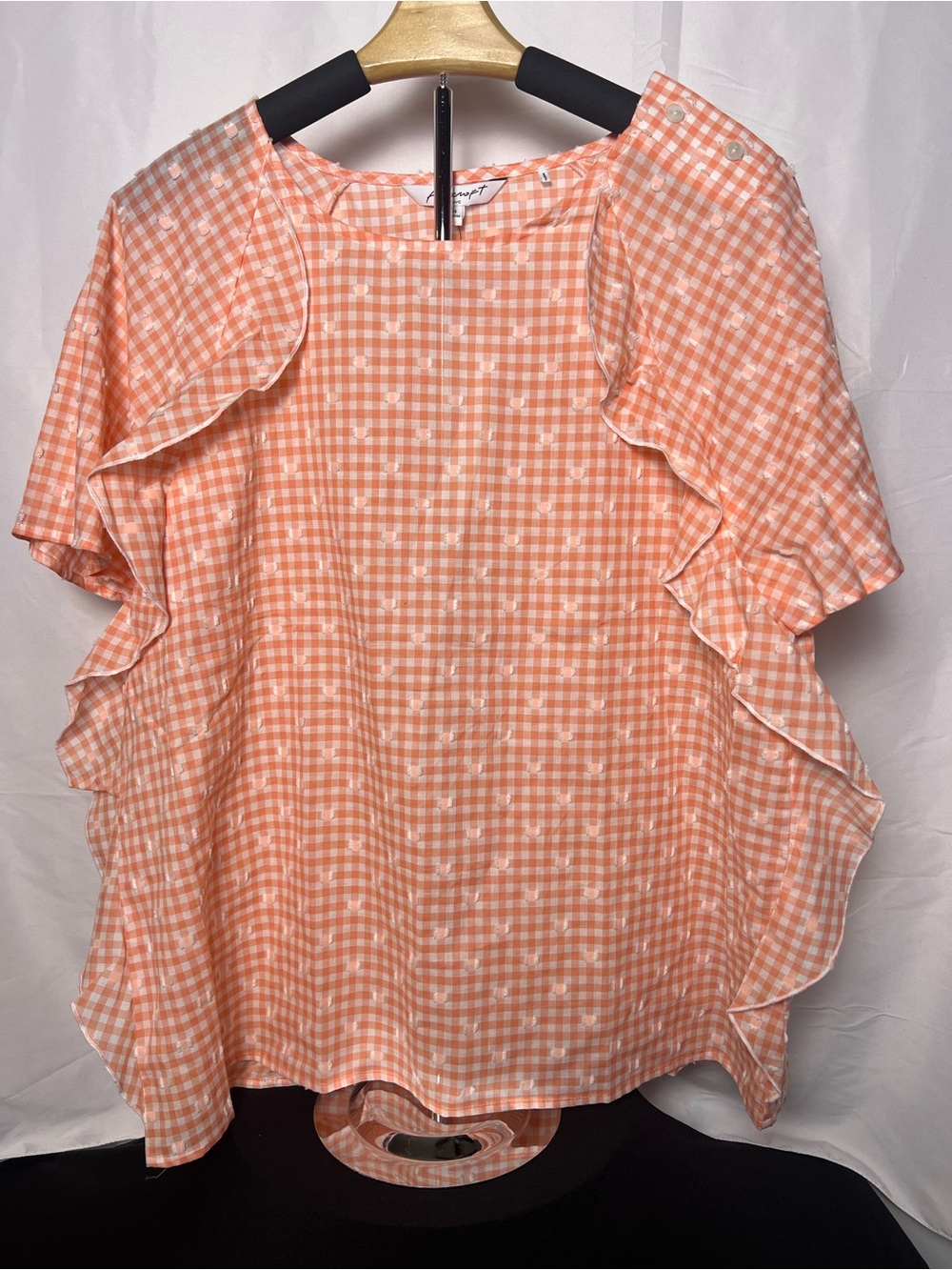 NWT Foxcroft Angela Gingham Clip Dot Ruffle Blouse Peach Sorbet Size 14